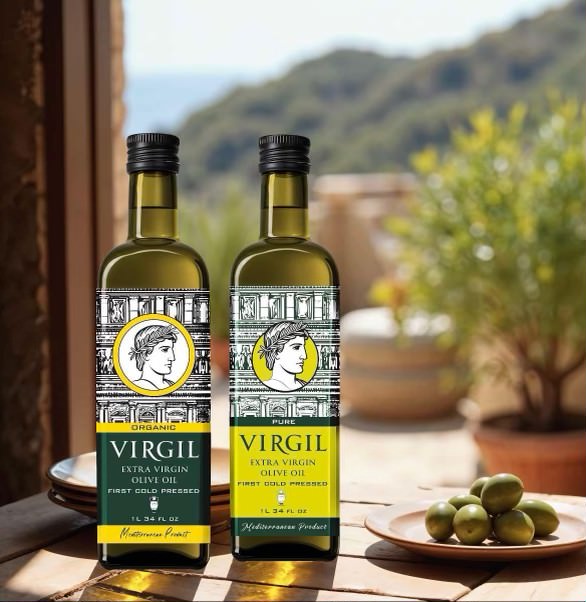 Two bottles of VIRGIL premium olive oil with Roman-inspired classical design in Mediterranean landscape setting